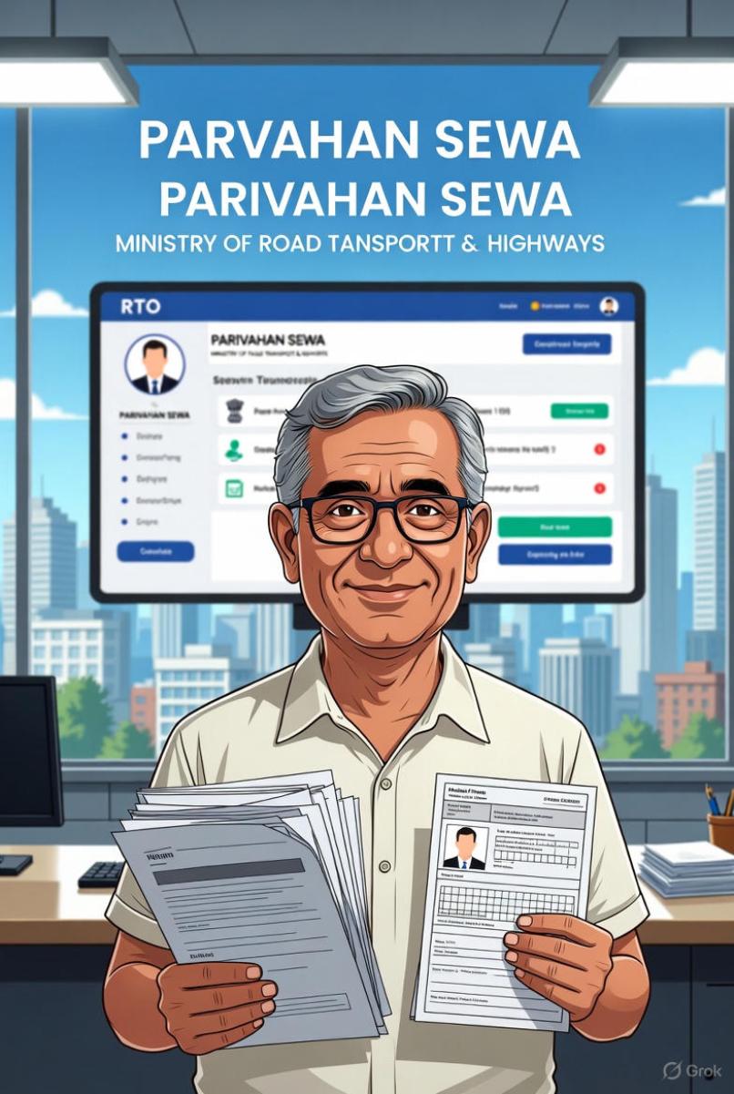 Senior Indian citizen over 62 happily renewing driving licence online on Parivahan Sewa portal with medical fitness certificate under new MoRTH rules starting 22 September 2025