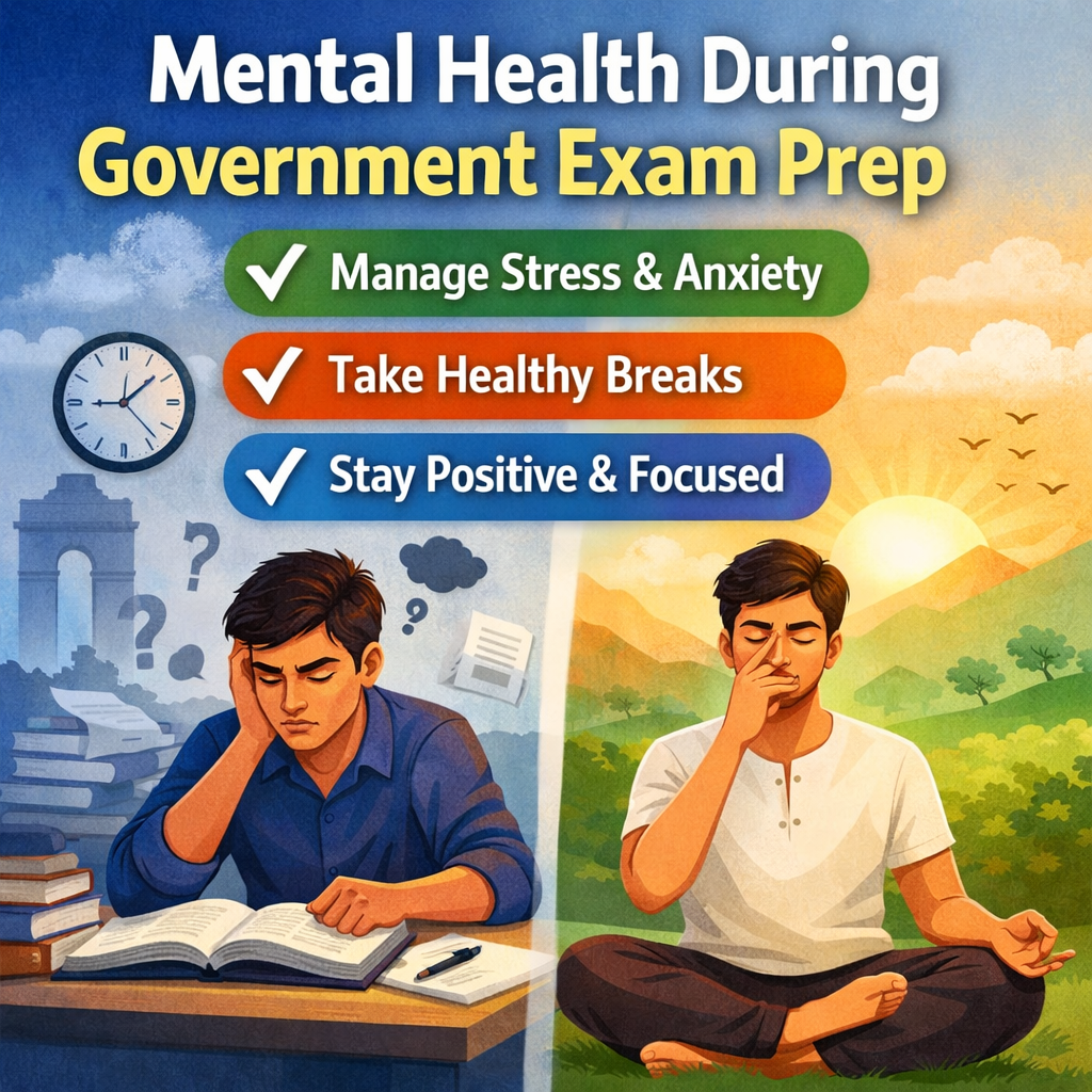 an Indian government exam aspirant dealing with stress on one side and practicing meditation on the other, highlighting mental health care, stress management, and balance during competitive exam preparation.