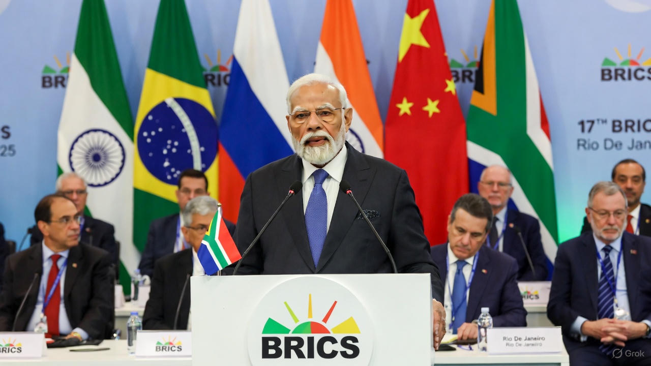 Modi speaking at BRICS Summit Rio 2025 with BRICS leaders – India pushes UNSC seat and multipolar world order
