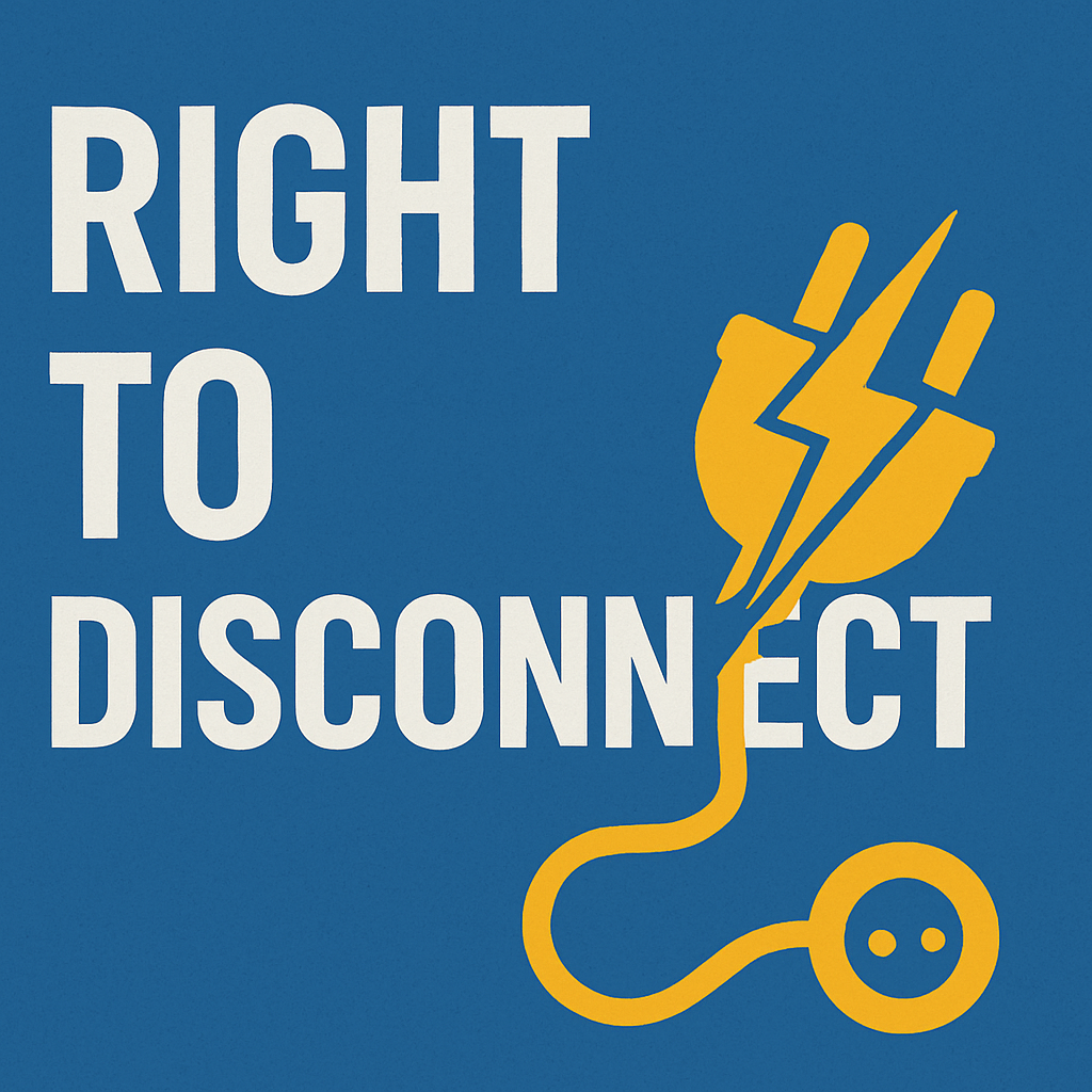 Illustration of an office worker silencing a smartphone at 7 PM, with work chat icons fading away, representing the proposed right to disconnect law.